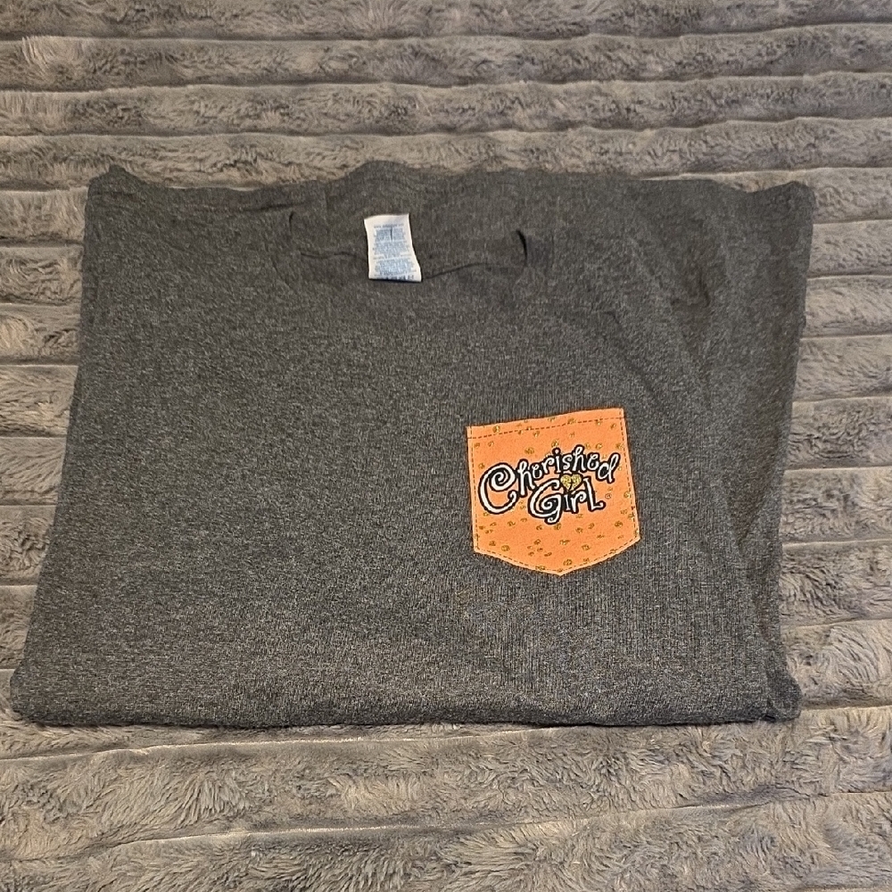 Cherished Girl Gray Short Sleeve Tee with Orange Pocket